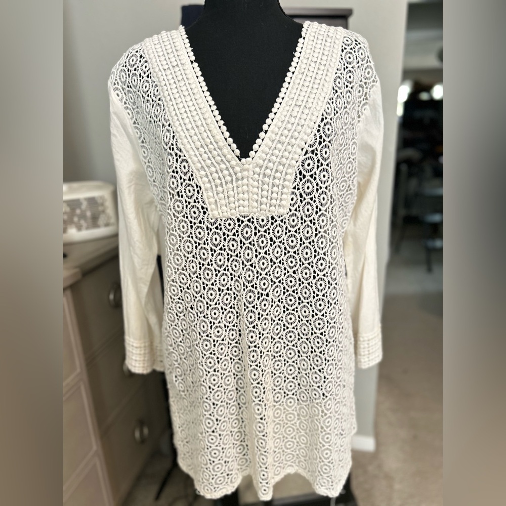 White Crochet V-Neck Tunic Cover-Up